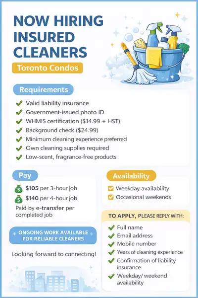 Insured cleaners needed for Condo Pilot (repeat jobs), View more