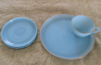 Fire King Turquois Blue Sandwich Plate w Cup and 3 bonus saucers