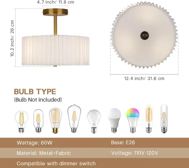 Modern 12.5" Semi Flush Ceiling Light, Gold Fixture with Pleated in Indoor Lighting & Fans in Oshawa / Durham Region - Image 3