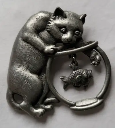 Vintage Pewter Cat Fishing in Bowl Brooch Designer JJ, View more