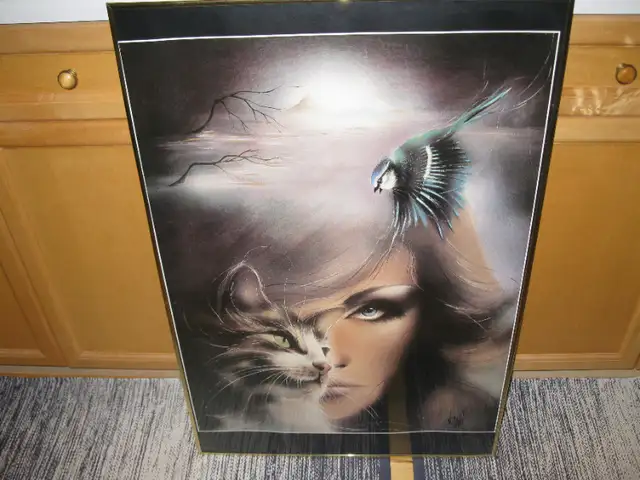 Girl Cat Bird Framed Airbrush Poster62854392441345122