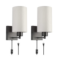 Plug in Wall Sconce (Set of 2), Beige Fabric Shade with Plug in