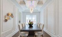 Wainscoting, waffle ceiling, crown moulding