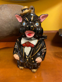 Vintage Ceramic Redware Black Piggy Bank  Pig with Hat & Suit