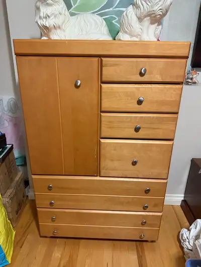 Dresser with multiple size drawers and a cupboard - $75 Nightstands x2 - $30 each OR $125 for all 3