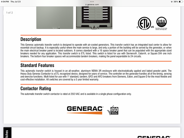 Generac 100 amp automatic transfer switch in General Electronics in Belleville - Image 4