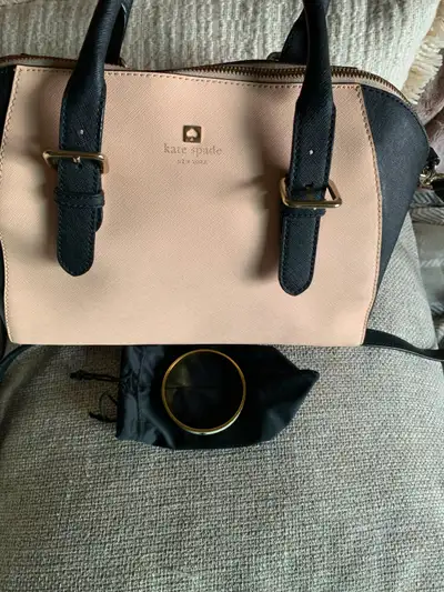 Kate Spade safiano leather bag- blush pink and black, Very good used condition. shoulder strap and d...