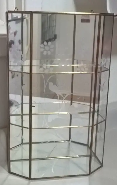 Vintage Brass and Etched Glass Curio Cabinet Wall Hanging Display Case with Mirrored Back, Very stur...