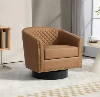 Upholstered Coffee Faux Leather Tufted Barrel Small Swivel Chair, View more