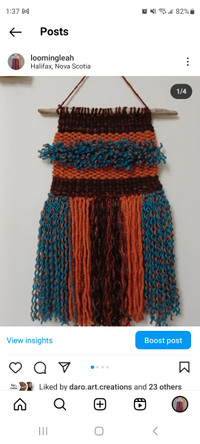 Orange,  blue and brown wall hanging 