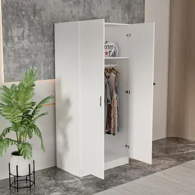 White Wardrobe, Double Doors, Shelves on 1 Side & Clothes Rack, View more