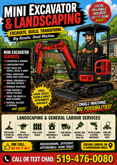Mini excavator landscaping services, spring cleanup, grading, ha, View more