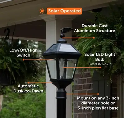 Gama Sonic Solar Lamp Post Light Black Aluminum 3" Fitter, 2700K, View more