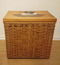 Vintage Hand Woven Rattan Laundry Hamper Hand Painted Wooden Lid