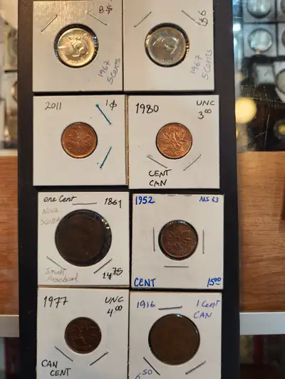 5 cents canadian 1976×2(10$) One cent canadian 1916 1952 1977 1980 2011(10$) One cent nova scotia(5$...