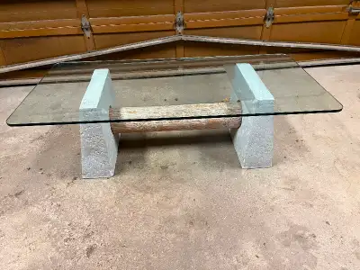 Very unique coffee table, rustic blended with modern. Stone base, View more