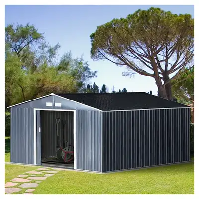 11.2ft x 12.5ft Practical Backyard Garden Storage Tool Shed 4 Ventilation Slots Double Sliding Door,...