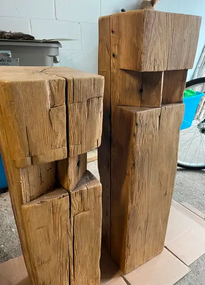 Two barn beam plant stands, beams early 1900’s. Size - 1 32” tall, 1 - 36” tall