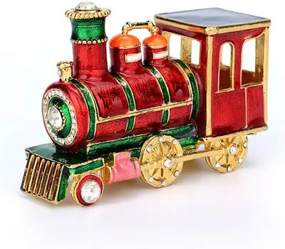 New in Box Mini Steam Train Jewelry Trinket Box Hinged Enameled Crystal Ornaments Gift for Home Deco...
