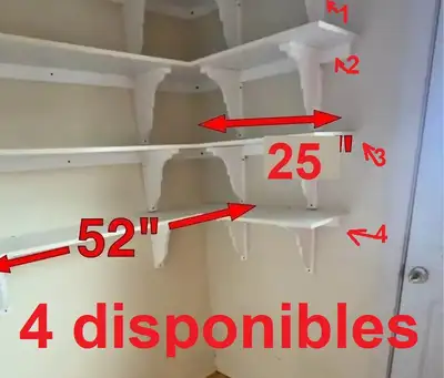 4 tablettes en coin 52X25 pouces profondeur 12pouces, blanches, View more