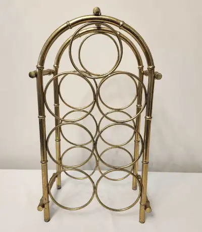 Vintage Brass Wine Rack. Bamboo Style Bottle Holder. Hollywood Regency Bar Cart Storage