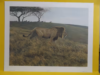 This is an original Robert Bateman print titled "Lion and Wildebeest" from 1987. The print comes in...