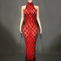 Red Sparkly Rhinestone Sleeveless Long Dress