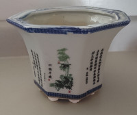 Vintage Chinese Calligraphy & Bamboo Porcelain Flower Pot