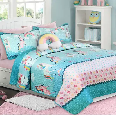 New 3 Piece Rainbow & Unicorns Reversible Quilt Set DQ Size, View more