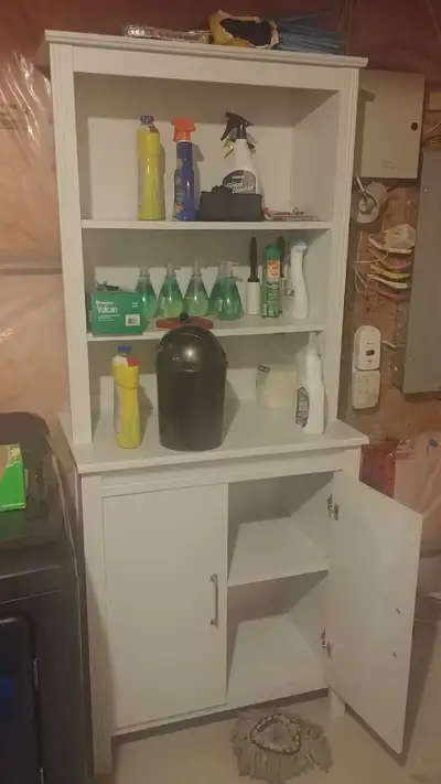 White bookshelf with cabinets, View more