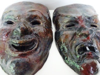 RAKU Comedy and Tragedy LARGE with HANDLES beautiful THEATER