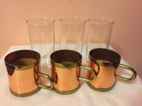Tea set, cupper brass cup holders and glasses set of 3 NEW