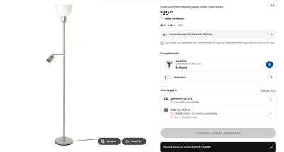 Ikea HEKTOGRAM Floor uplighter/reading lamp & 1 LED bulb, View more
