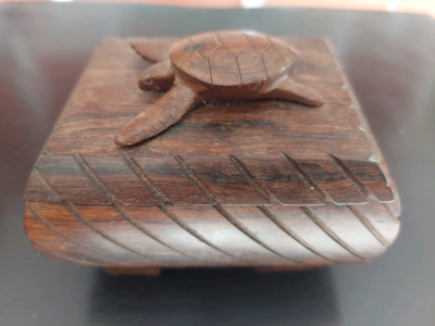 Hand carved wood turtle trinket box with gemstones , View more