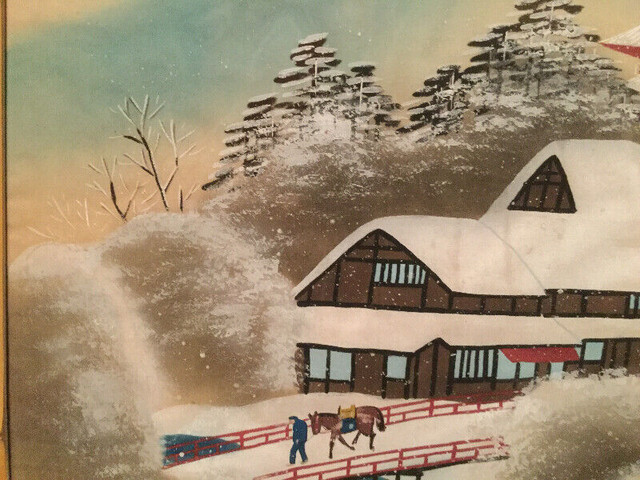 Vintage FOLK ART ...Painted on Silk On Board.....Bamboo Frame in Arts & Collectibles in Edmonton - Image 4
