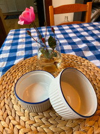 Set of Two Ramekin  Ceramic Bowls Blue Rimmed