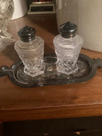 Vintage crystal glass salt and pepper Set Silver tray