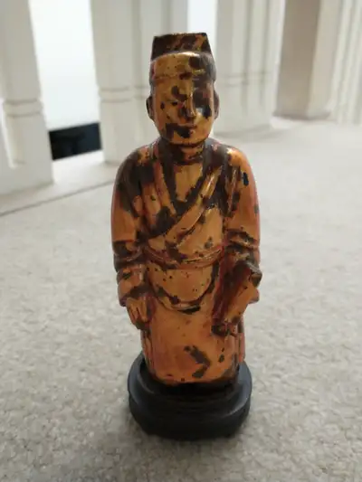 Lacquered wood carved vintage Asian scholar figurine with stand, View more