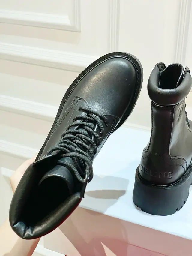 New Celine Black Leather Lace Up Platform Motorcycle Ankle Boots63235093195523124