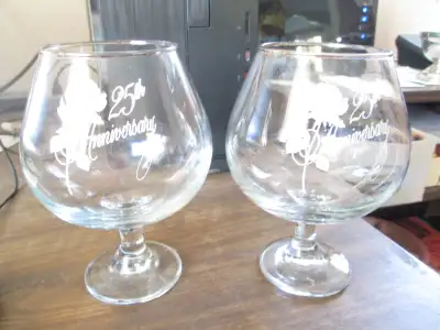 pair of 25th anniversary brandy glasses, View more