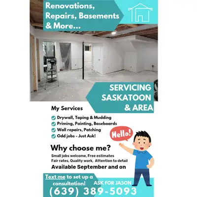 Saskatoon and area Drywall, taping, finishing. Renovations, basements, repairs - free quotes, availa...