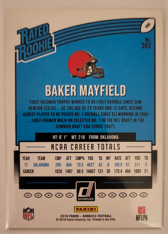 2018 Panini Donruss - Rated Rookie #303 Baker Mayfield (RC) in Arts & Collectibles in Red Deer - Image 2