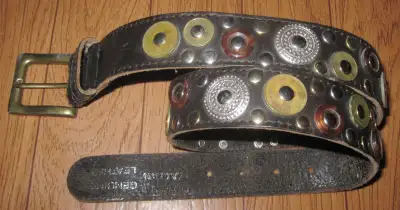 Vintage Leather Studded Belt with Hong Kong Coins, 1978-1993, View more