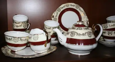 Porcelain Tea Serving Sets & Bowl Burgandy Tea set ENGLISH BONE China W.R.M. CHINA $450 BAVARIA CHIN...