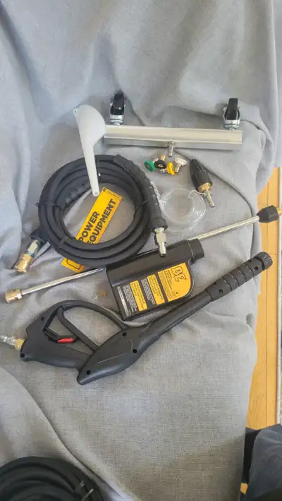 BE brand pressure washer accessories to sell. Includes hose, wand, funnel, oil, 5 nozzle and floor w...