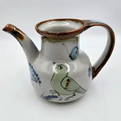 Ken Edwards Tonala Pottery Teapot Blue Bird Mexico Folk Art Flower Signed Vintage Hand Painted Read...