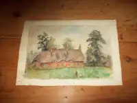 Antique original English watercolor brick cottage