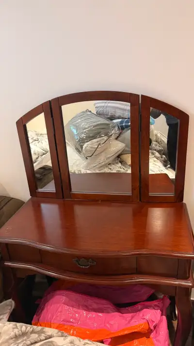 Solid Wood Vanity Table with Tri‑Fold Mirror | Dresser , View more