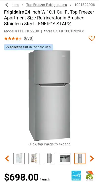ON SALE! PLATINUM 10 cu. ft Fridgidaire Top Mount Refrigertor, View more