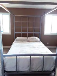 REDUCED AGAIN ! QUEEN-SIZE SILVER METAL BED FRAME WITH OVERHEAD